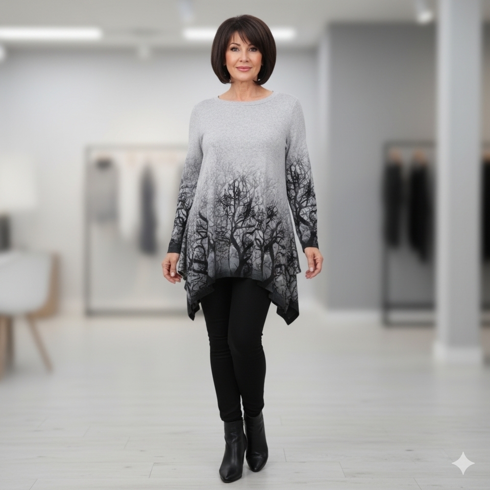 Orange Fashion Village Grey Black Forrest Trees Knit Tunic Top Womens L / XL